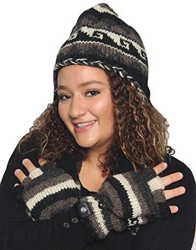 Nepal Hand Knit Ear Flaps Beanie Ski Wool Hat & Glove Mitten Set in Saudi Arabia