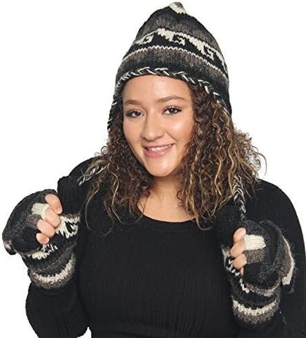 Nepal Hand Knit Ear Flaps Beanie Ski Wool Hat & Glove Mitten Set in Saudi Arabia