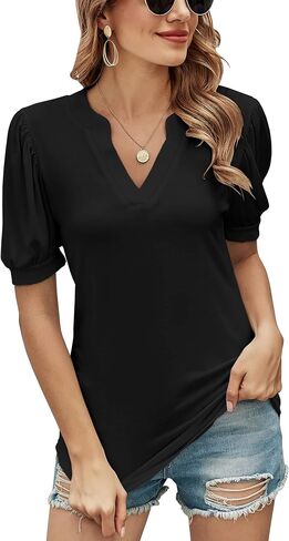 Romanstii Women Casual V-Neck T-Shirts Loose Puff Short Sleeve Tops Tunic Blouses in Saudi Arabia