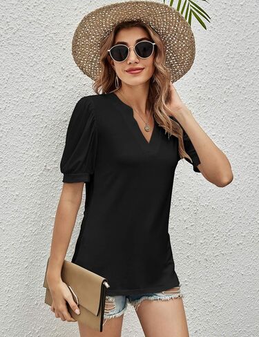 Romanstii Women Casual V-Neck T-Shirts Loose Puff Short Sleeve Tops Tunic Blouses in Saudi Arabia