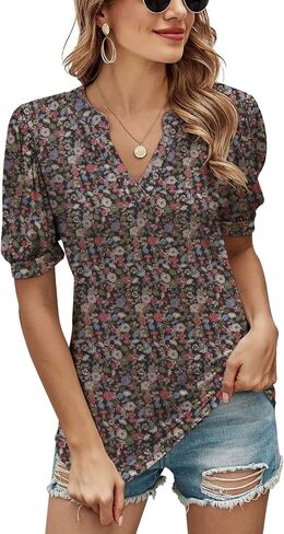 Romanstii Women Casual V-Neck T-Shirts Loose Puff Short Sleeve Tops Tunic Blouses in Saudi Arabia