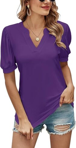Romanstii Women Casual V-Neck T-Shirts Loose Puff Short Sleeve Tops Tunic Blouses in Saudi Arabia