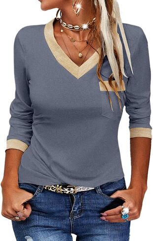 Dyexces Womens Long Sleeve T Shirts Casual V Neck Color Block Tunic Tops Loose Basic Top in Kuwait