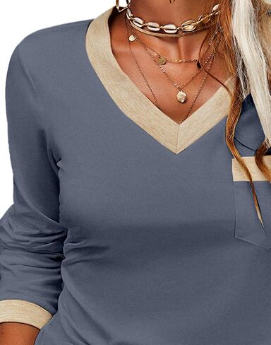 Dyexces Womens Long Sleeve T Shirts Casual V Neck Color Block Tunic Tops Loose Basic Top in Kuwait