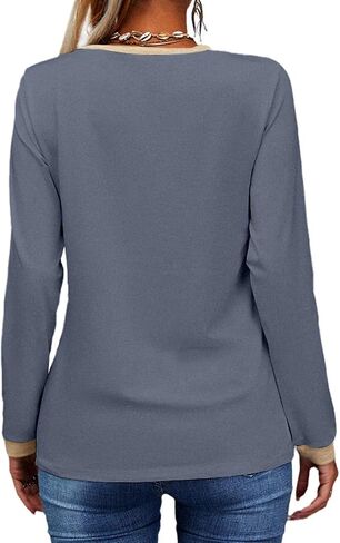 Dyexces Womens Long Sleeve T Shirts Casual V Neck Color Block Tunic Tops Loose Basic Top in Kuwait