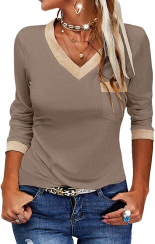Dyexces Womens Long Sleeve T Shirts Casual V Neck Color Block Tunic Tops Loose Basic Top in Kuwait