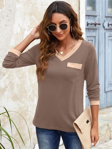 Dyexces Womens Long Sleeve T Shirts Casual V Neck Color Block Tunic Tops Loose Basic Top in Kuwait