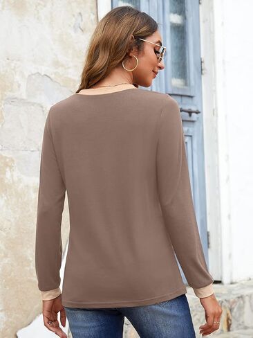 Dyexces Womens Long Sleeve T Shirts Casual V Neck Color Block Tunic Tops Loose Basic Top in Kuwait