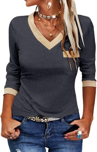 Dyexces Womens Long Sleeve T Shirts Casual V Neck Color Block Tunic Tops Loose Basic Top in Kuwait
