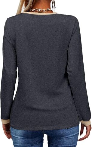 Dyexces Womens Long Sleeve T Shirts Casual V Neck Color Block Tunic Tops Loose Basic Top in Kuwait