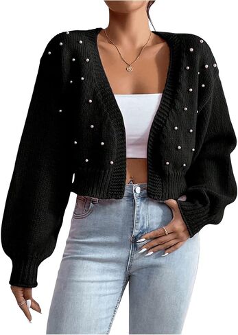 SHENHE Women's Pearl Beaded Open Front V Neck Drop Shoulder Cropped Cardigan Sweater in Kuwait