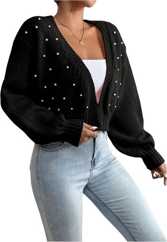 SHENHE Women's Pearl Beaded Open Front V Neck Drop Shoulder Cropped Cardigan Sweater in Kuwait
