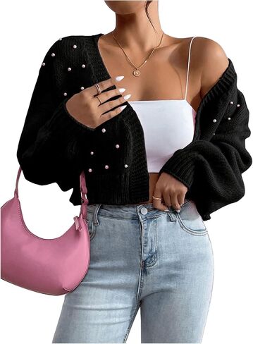SHENHE Women's Pearl Beaded Open Front V Neck Drop Shoulder Cropped Cardigan Sweater in Kuwait