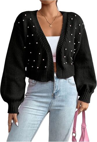SHENHE Women's Pearl Beaded Open Front V Neck Drop Shoulder Cropped Cardigan Sweater in Kuwait