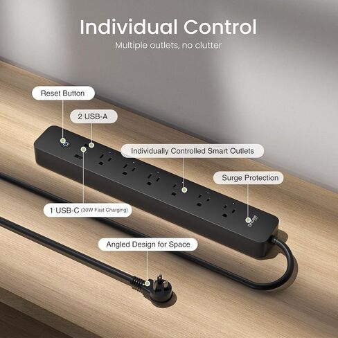 قطاع الطاقة الذكي Ghome، 3 USB (2A1C 30W) و6 منافذ يتم التحكم فيها بشكل فردي، واقي زيادة التيار اللاسلكي متوافق مع Alexa Google، مراقب الطاقة، قابس مسطح قابل للتركيب بطول 7 أقدام مع حماية من التحميل الزائد in Kuwait