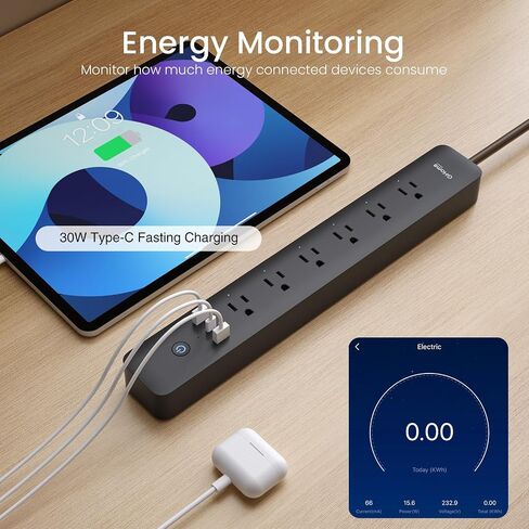قطاع الطاقة الذكي Ghome، 3 USB (2A1C 30W) و6 منافذ يتم التحكم فيها بشكل فردي، واقي زيادة التيار اللاسلكي متوافق مع Alexa Google، مراقب الطاقة، قابس مسطح قابل للتركيب بطول 7 أقدام مع حماية من التحميل الزائد in Kuwait