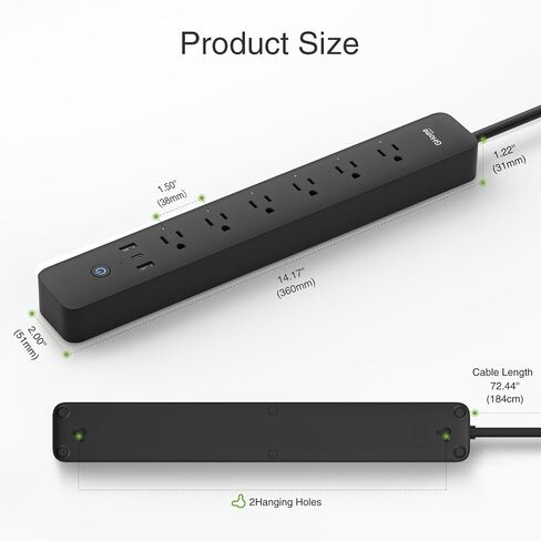 قطاع الطاقة الذكي Ghome، 3 USB (2A1C 30W) و6 منافذ يتم التحكم فيها بشكل فردي، واقي زيادة التيار اللاسلكي متوافق مع Alexa Google، مراقب الطاقة، قابس مسطح قابل للتركيب بطول 7 أقدام مع حماية من التحميل الزائد in Kuwait