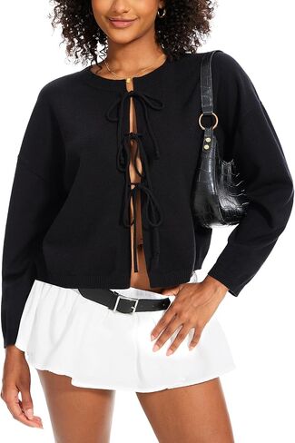 سترة كارديجان أمامية بربطة عنق للنساء للخريف ورقبة دائرية خفيفة الوزن ومريحة وجذابة باللون الأسود in Kuwait