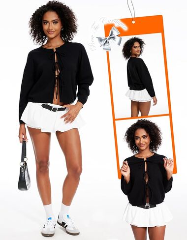 سترة كارديجان أمامية بربطة عنق للنساء للخريف ورقبة دائرية خفيفة الوزن ومريحة وجذابة باللون الأسود in Kuwait