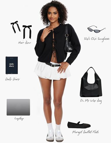 سترة كارديجان أمامية بربطة عنق للنساء للخريف ورقبة دائرية خفيفة الوزن ومريحة وجذابة باللون الأسود in Kuwait