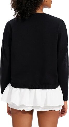 سترة كارديجان أمامية بربطة عنق للنساء للخريف ورقبة دائرية خفيفة الوزن ومريحة وجذابة باللون الأسود in Kuwait