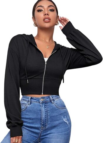 WDIRARA Women's Drop Shoulder Zip Up Drawstring Hoodie in Saudi Arabia