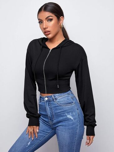WDIRARA Women's Drop Shoulder Zip Up Drawstring Hoodie in Saudi Arabia