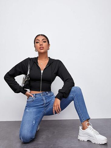 WDIRARA Women's Drop Shoulder Zip Up Drawstring Hoodie in Saudi Arabia