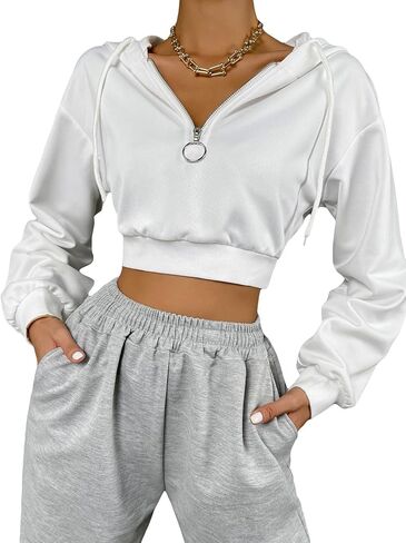 WDIRARA Women's Drop Shoulder Zip Up Drawstring Hoodie in Saudi Arabia