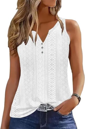 Tank Tops for Women Summer Tops Casual Button Down Shirts Loose Fit V Neck Sleeveless T Shirts in Saudi Arabia