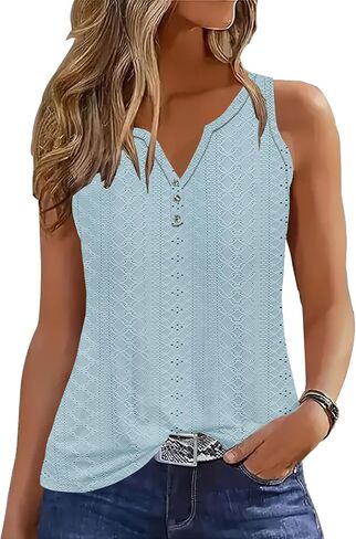 Tank Tops for Women Summer Tops Casual Button Down Shirts Loose Fit V Neck Sleeveless T Shirts in Saudi Arabia