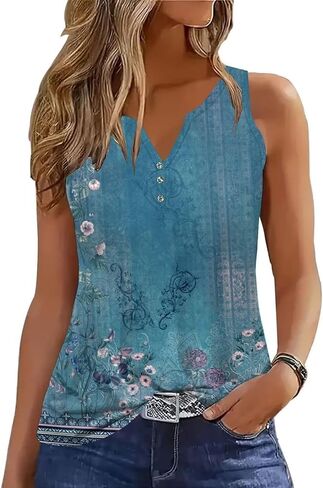 Tank Tops for Women Summer Tops Casual Button Down Shirts Loose Fit V Neck Sleeveless T Shirts in Saudi Arabia