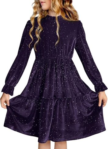 BesserBay Fall Girls Glitter A-line Velvet Crew Neck Midi Dress Size 5-14 Years in Saudi Arabia
