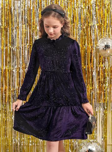 BesserBay Fall Girls Glitter A-line Velvet Crew Neck Midi Dress Size 5-14 Years in Saudi Arabia