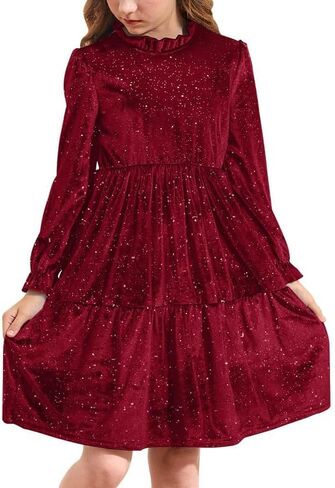 BesserBay Fall Girls Glitter A-line Velvet Crew Neck Midi Dress Size 5-14 Years in Kuwait