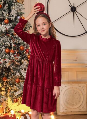 BesserBay Fall Girls Glitter A-line Velvet Crew Neck Midi Dress Size 5-14 Years in Kuwait