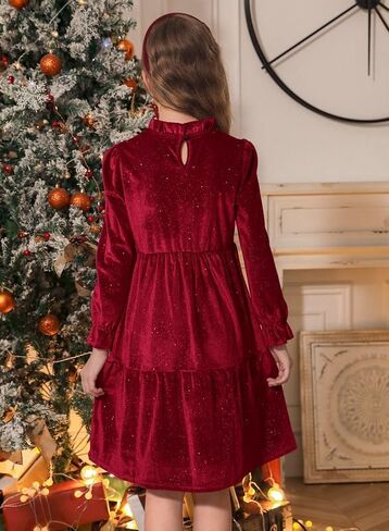 BesserBay Fall Girls Glitter A-line Velvet Crew Neck Midi Dress Size 5-14 Years in Kuwait