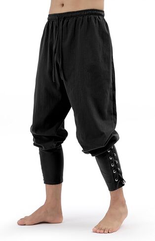 Mens Pirate Pants Medieval Viking Costume, Renaissance Lace-up Ankle Banded Trousers Cotton Linen Cosplay Outfits in Kuwait
