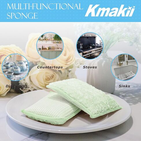 KMAKII Bamboo Kitchen Sponges Dish Sponge Super Absorbent Natural Dish Sponges,3 Color, Pack of 6 in Kuwait