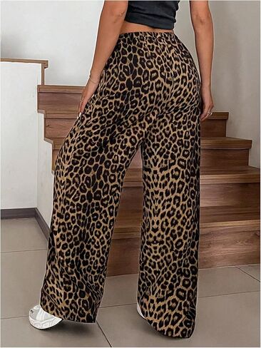 Floerns Women's Plus Size Leopard Print Long Pants Elastic Waist Straight Leg Trousers in Saudi Arabia