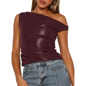 Limerose Womens Off Shoulder Top Sleeveless Shirts Faux Leather Slim Fitted Tank Top