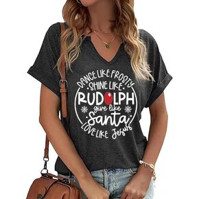Christmas Shirts for Women V Neck Vintage Merry Graphic Trendy Shirts Holiday Tee Festival Tops Blouse Gifts