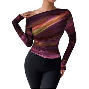 Floerns Women's Off Shoulder Tops Y2k Going Out Tops for Women Trendy Long Sleeve Asymmetrical Ruched T Shirts Tops