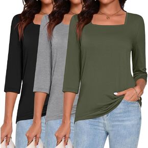 Ficerd 3 Pack 3/4 Sleeve Tops for Women Square Neck Shirts Loose Fit Casual Ladies Blouses Tops Fall Basic Tees