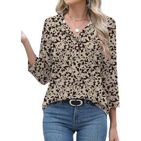 LUYAA Womens Polo Shirts 3/4 Length Sleeve Tops Collar V Neck Business Casual Blouses