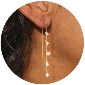 MBW Gold Threader Earrings for Women, 14K Dangle Long Chain Drop Earrings Dangling, Dainty Elegant Dangly Ear Chain with Tassel and Cubic Zirconia for Wedding Hoco Trendy Jewelry Accessories Gifts