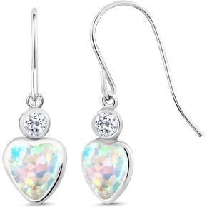 Gem Stone King 14K White Gold White Opal and White Topaz French Wire Dangle Hook Earrings For Women (1.78 Cttw, Gemstone October Birthstone, Heart 6MM, Round 3MM)