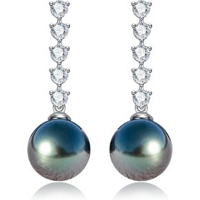Tahitian Black Pearl Dangle Drop Earrings 10K Solid White Gold With Moissanite Earring Birthday Anniversary Mothers Day Valentines Day Christmas Gifts for Mom Her Women