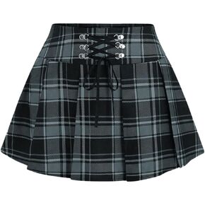 MakeMeChic Women's Y2K Plaid Lace Up Mini Skirt Pleated A Line Skater Skirts
