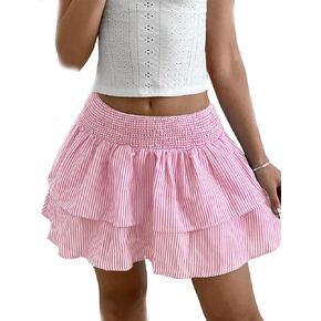 OYOANGLE Women's Striped Layered Ruffle Hem Skirt Shirred Elastic Waist Flared Short Skirts